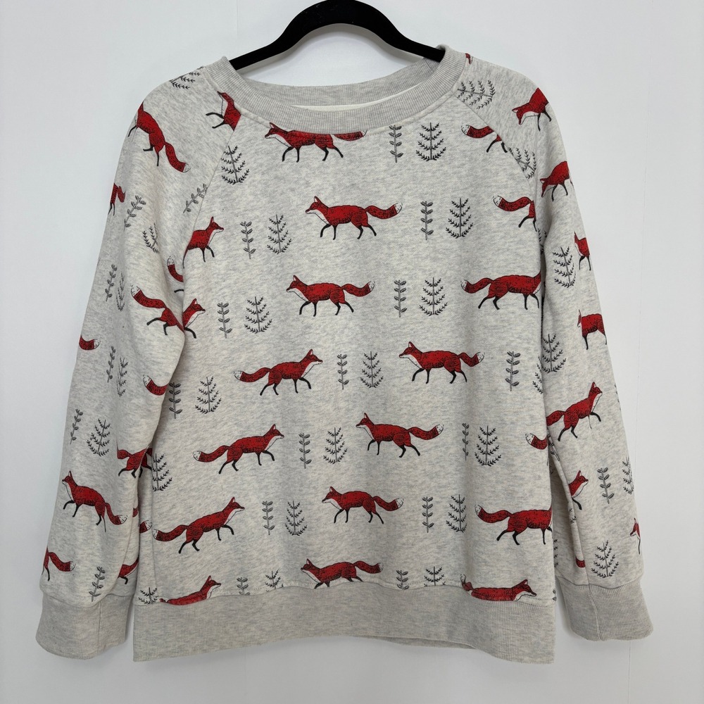 LA Soul Womens Fox Print Raglan Sweatshirt Gray Red Fleece Pullover M Novelty